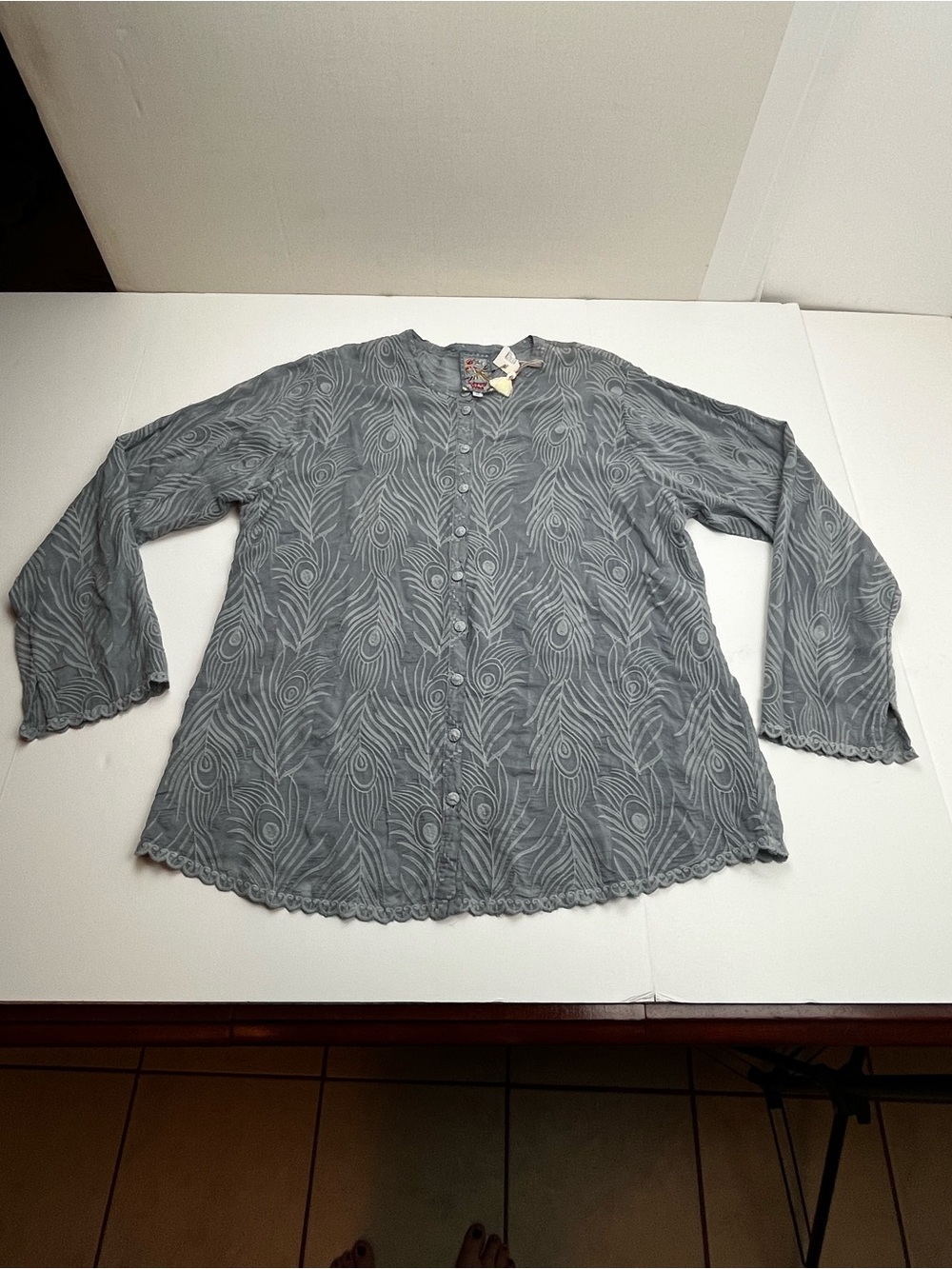 Johnny Was Women's Blue Peacock Lenny Button Down Shirt Top Embroidered XL NEW
